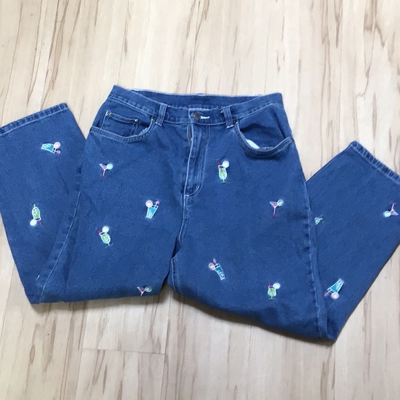 Quacker Factory Embroidered Cocktails Martini Summer Ankle Capri Denim Jeans - Picture 2 of 14